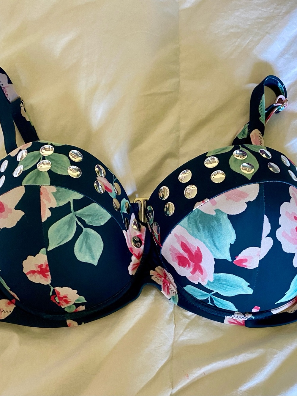 Paramour Navy Floral Underwire Bra with Silver Studs